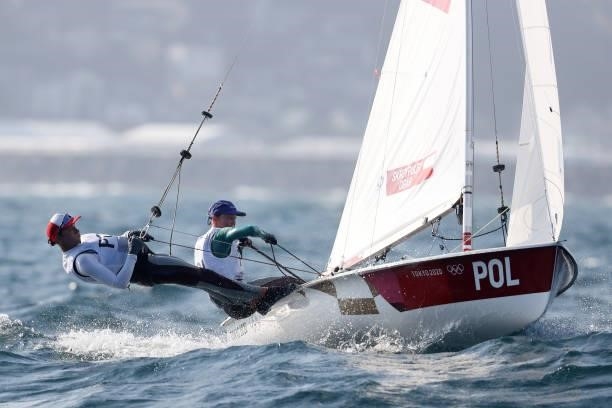 Agnieszka Skrzypulec and Jolanta Ogar of Team Poland compete in the Women's 470 class on day five of the Tokyo 2020 Olympic Games at Enoshima Yacht...