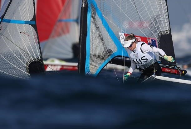 Tess Lloyd and Jaime Ryan of Team Australia compete in the Women's Skiff - 49er class on day five of the Tokyo 2020 Olympic Games at Enoshima Yacht...