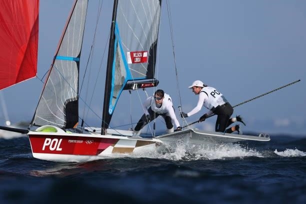 Aleksandra Melzacka and Kinga Loboda of Team Poland compete in the Women's Skiff - 49er class on day five of the Tokyo 2020 Olympic Games at Enoshima...