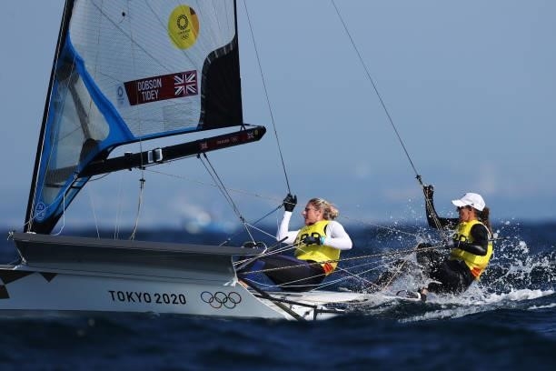 Charlotte Dobson and Saskia Tidey of Team Great Britain compete in the Women's Skiff - 49er class on day five of the Tokyo 2020 Olympic Games at...