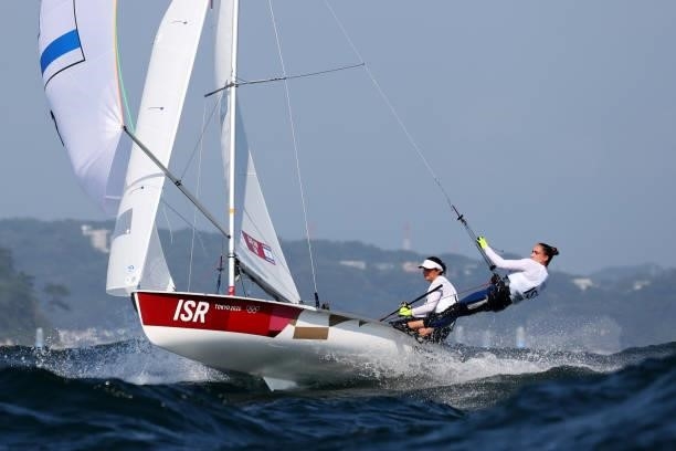 Noya Bar Am and Shahar Tibi of Team Israel compete in the Women's 470 class on day five of the Tokyo 2020 Olympic Games at Enoshima Yacht Harbour on...
