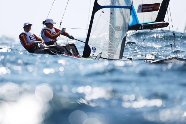 Tamara Echegoyen Dominguez and Paula Barcelo Martin of Team Spain compete in the Women's Skiff - 49er class on day five of the Tokyo 2020 Olympic...