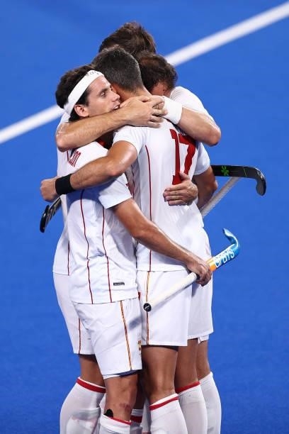 Xavier Lleonart Blanco of Team Spain celebrates with teammates after scoring their team's fourth goal from a penalty stroke during the Men's...