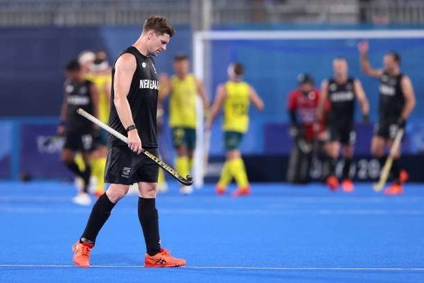 Stephen Jenness of Team New Zealand reacts following Team Australia's third goal during the Men's Preliminary Pool A match between Australia and New...