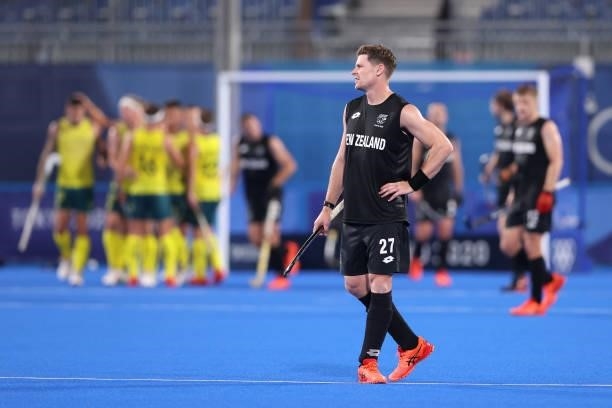 Stephen Jenness of Team New Zealand reacts following Team Australia's third goal during the Men's Preliminary Pool A match between Australia and New...
