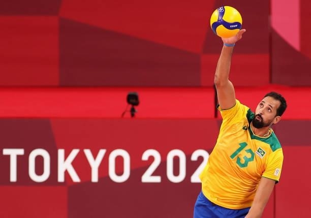 Luiz de Souza Mauricio of Team Brazil serves against Team ROC during the Men's Preliminary Round - Pool B volleyball on day five of the Tokyo 2020...