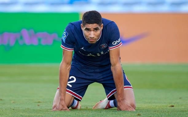 Achraf Hakimi of Paris Saint Germain reacts during a pre season friendly match between Sevilla FC and Paris Saint-Germain at Estadio Algarve on July...
