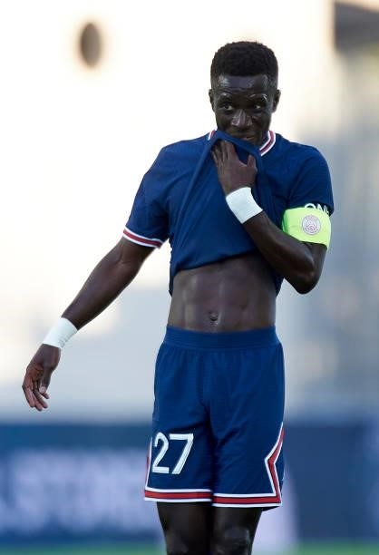 Idrissa Gueye of Paris Saint Germain reacts during a pre season friendly match between Sevilla FC and Paris Saint-Germain at Estadio Algarve on July...