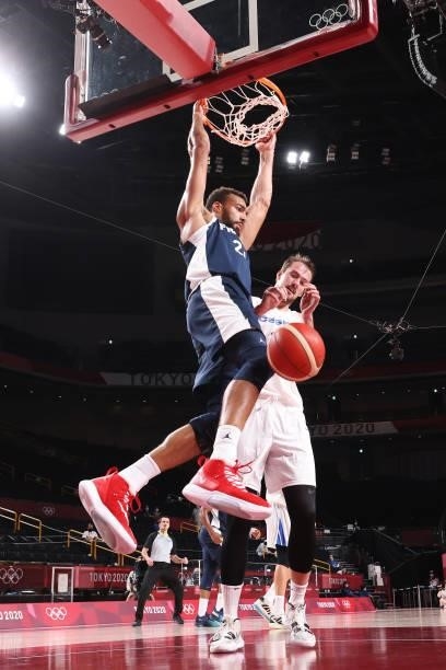 Rudy Gobert of Team France dunks over Ondrej Balvin of Team Czech Republic during the second half of a Men's Preliminary Round Group A game on day...