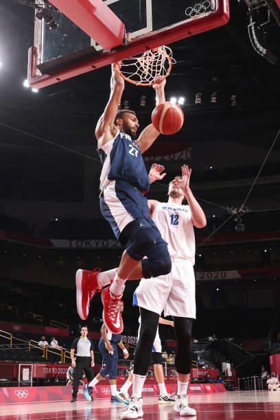 Rudy Gobert of Team France dunks over Ondrej Balvin of Team Czech Republic during the second half of a Men's Preliminary Round Group A game on day...