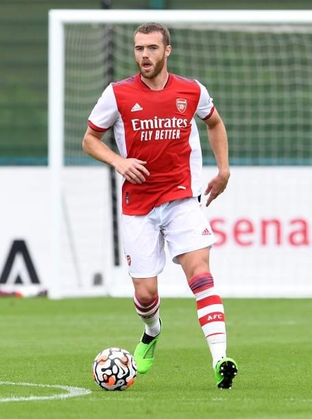 Calum Chambers of Arsenal during the pre season friendly match between Arsenal and Watford at London Colney on July 28, 2021 in St Albans, England.