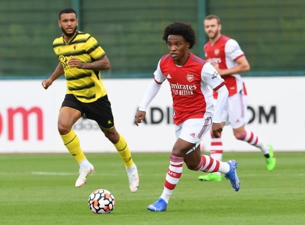 Willian of Arsenal during the pre season friendly match between Arsenal and Watford at London Colney on July 28, 2021 in St Albans, England.