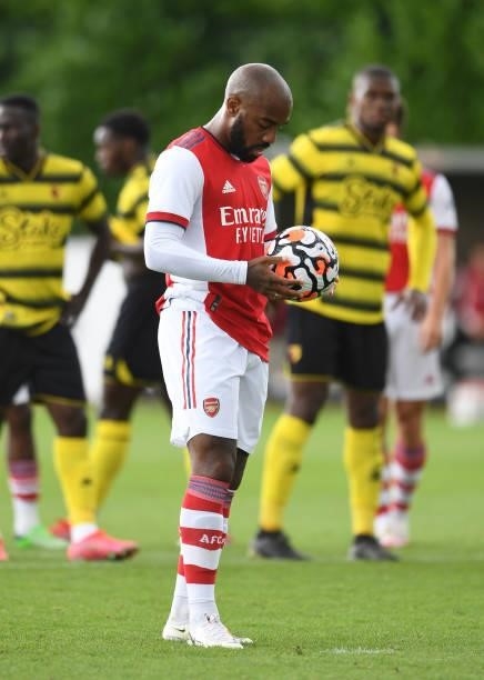 Alexandre Lacazette of Arsenal during the pre season friendly match between Arsenal and Watford at London Colney on July 28, 2021 in St Albans,...