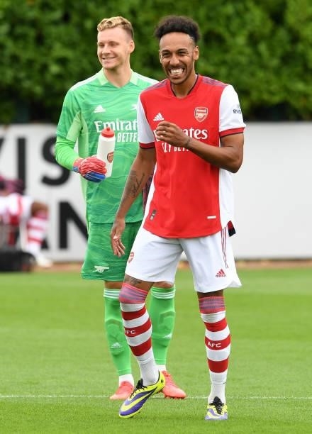 Bernd Leno and Pierre-Emerick Aubameyang of Arsenal before the pre season friendly match between Arsenal and Watford at London Colney on July 28,...