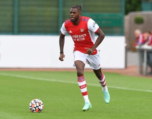 Nuno Tavares of Arsenal during the pre season friendly match between Arsenal and Watford at London Colney on July 28, 2021 in St Albans, England.