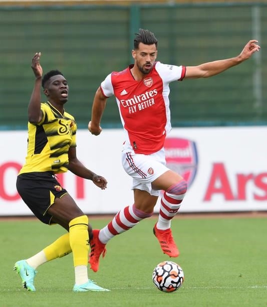Pablo Mari of Arsenal takes on Ismaila Sarr of Watford during the pre season friendly match between Arsenal and Watford at London Colney on July 28,...