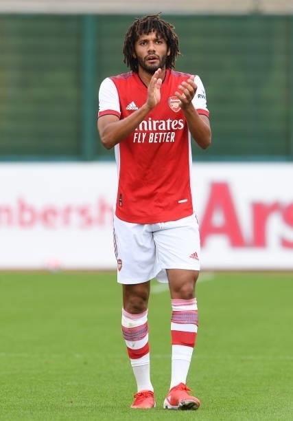 Mohamed Elneny of Arsenal during the pre season friendly match between Arsenal and Watford at London Colney on July 28, 2021 in St Albans, England.
