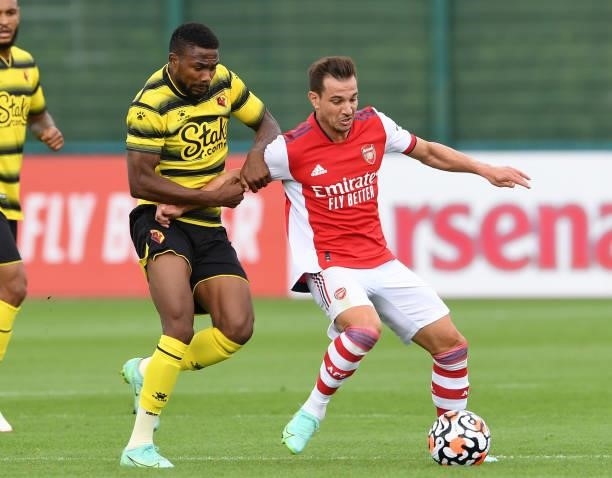 Cedric Soares of Arsenal during the pre season friendly match between Arsenal and Watford at London Colney on July 28, 2021 in St Albans, England.