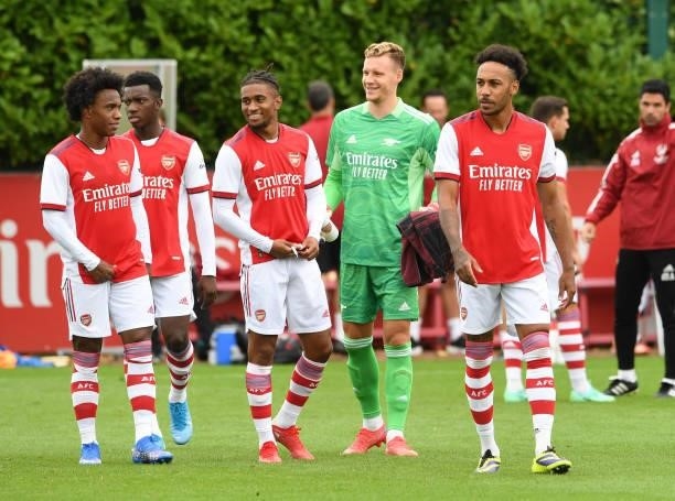 Pierre-Emerick Aubameyang of Arsenal before the pre season friendly match between Arsenal and Watford at London Colney on July 28, 2021 in St Albans,...