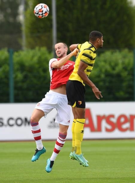 Rob Holding of Arsenal during the pre season friendly match between Arsenal and Watford at London Colney on July 28, 2021 in St Albans, England.
