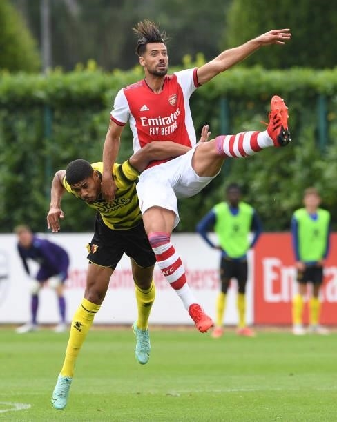 Pablo Mari of Arsenal during the pre season friendly match between Arsenal and Watford at London Colney on July 28, 2021 in St Albans, England.
