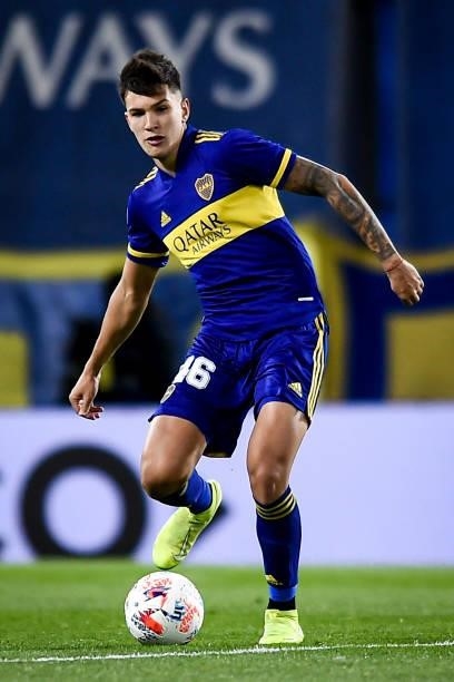 Balthazar Bernardi of Boca Juniors kicks the ball during a match between Boca Juniors and San Lorenzo as part of Torneo Liga Profesional 2021 at...