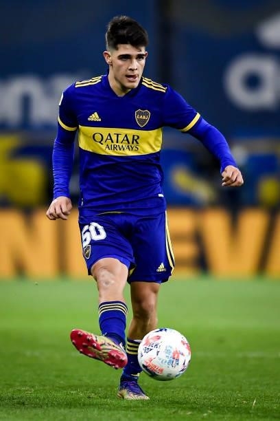 Vicente Taborda of Boca Juniors kicks the ball during a match between Boca Juniors and San Lorenzo as part of Torneo Liga Profesional 2021 at Estadio...