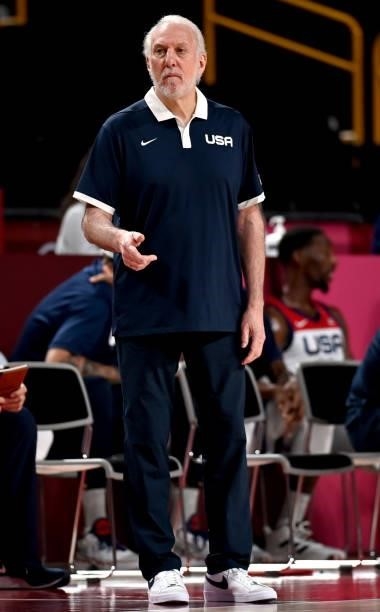 Head Coach of Team United States Gregg Popovich watches his team during their Men's Preliminary Round Group A game against Iran on day five of the...