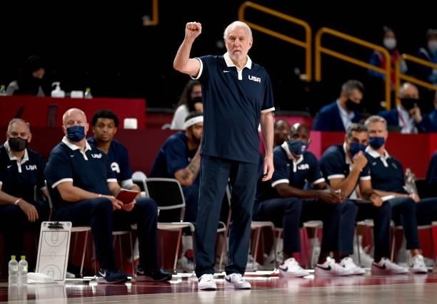Head Coach of Team United States Gregg Popovich watches his team during their Men's Preliminary Round Group A game against Iran on day five of the...
