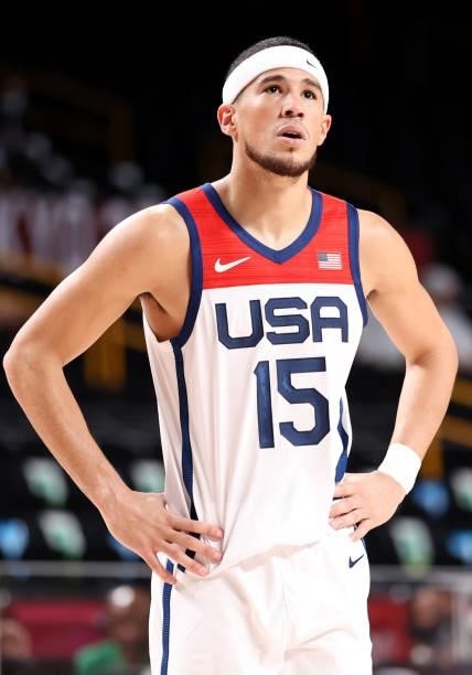 Devin Booker of Team United States looks on while playing against Team Iran during a Men's Preliminary Round Group A game on day five of the Tokyo...