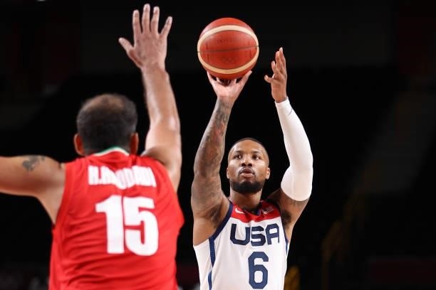 Damian Lillard of Team United States takes a shot against Islamic Republic of Iran during the first half of a Men's Preliminary Round Group A game on...