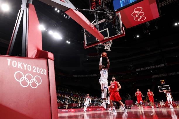 Bam Adebayo of Team United States goes up for a shot against Team Iran during a Men's Preliminary Round Group A game on day five of the Tokyo 2020...