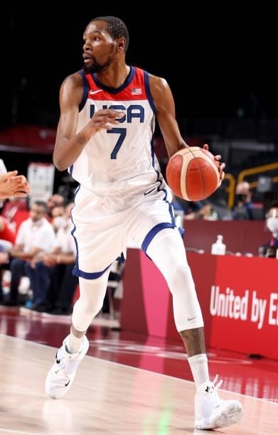 Kevin Durant of Team United States dribbles against Islamic Republic of Iran during the first half of a Men's Preliminary Round Group A game on day...