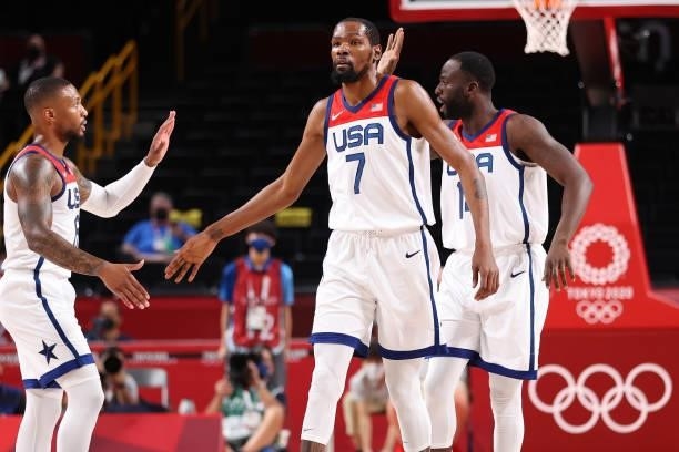 Kevin Durant of Team United States reacts with teammates while playing against Islamic Republic of Iran during the first half of a Men's Preliminary...
