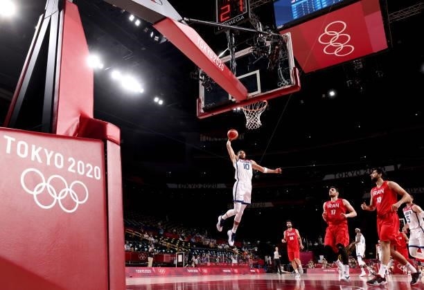 Jayson Tatum of Team United States makes a basket while playing against Islamic Republic of Iran during the Men's Preliminary Round Group A game on...