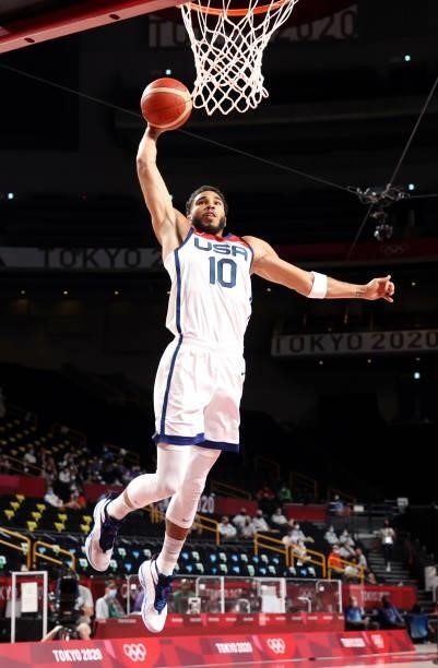 Jayson Tatum of Team United States makes a basket while playing against Islamic Republic of Iran during the Men's Preliminary Round Group A game on...