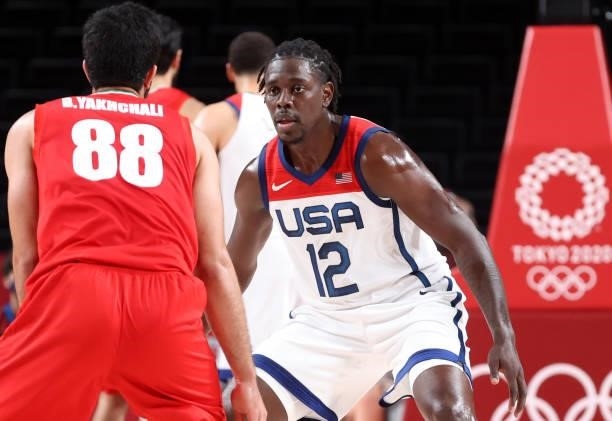 Jrue Holiday of Team United States defends against Islamic Republic of Iran during the first half of a Men's Preliminary Round Group A game on day...