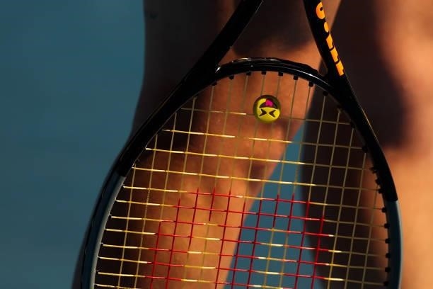 Details of tennis racket is seen as Anastasia Pavlyuchenkova of Team ROC serves during her Women's Singles Quarterfinal match against Belinda Bencic...