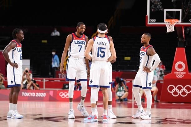 Kevin Durant and Team United States of America talk during the Men's Preliminary Round Group A game against Islamic Republic of Iran on day five of...