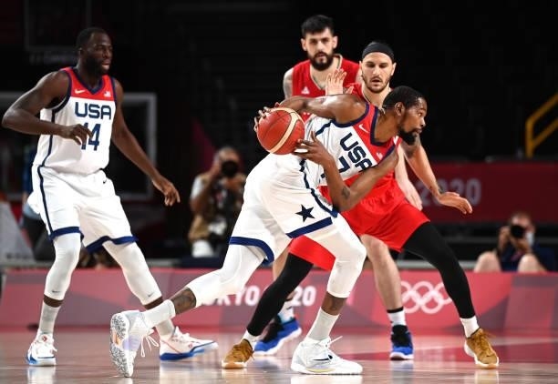 Kevin Durant of Team United States drives the ball while playing against Islamic Republic of Iran during the first half of a Men's Preliminary Round...