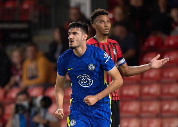 Armando Broja of Chelsea celebrates scoring during the Pre-Season Friendly between Bournemouth and Chelsea at Vitality Stadium on July 27, 2021 in...