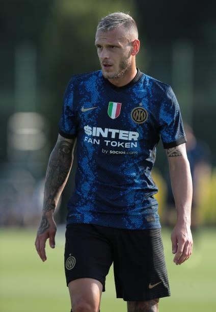 Federico Dimarco of FC Internazionale looks on during the pre-season friendly match between FC Internazionale and FC Crotone at the club's training...