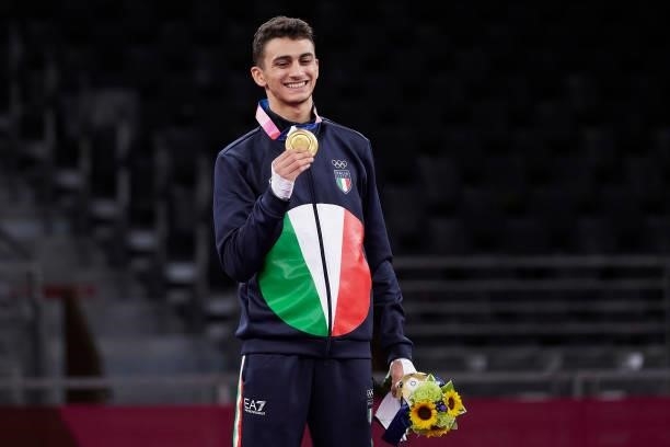 Gold medalist Vito Dell’Aquila of Team Italy poses with the gold medal for the Men's -58kg Taekwondo Gold Medal on day one of the Tokyo 2020 Olympic...