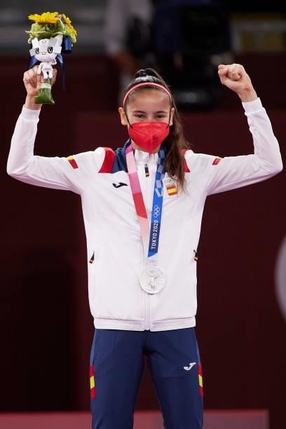 Silver medalist Adriana Cerezo Iglesias of Team Spain celebrates with the silver medal for the Women's -49kg Taekwondo Gold Medal contest on day one...