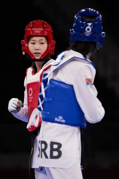 Miyu Yamada of Team Japan competes against Tijana Bogdanovic of Team Serbia during the Women's -49kg Taekwondo Bronze Medal contest on day one of the...