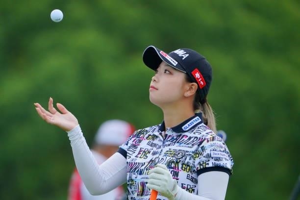 Miyu Goto of Japan juggles the ball on the 1st tee during the first round of Rakuten Super Ladies at Tokyu Grand Oak Golf Club on July 29, 2021 in...