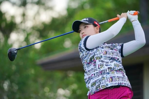 Miyu Goto of Japan hits her tee shot on the 1st hole during the first round of Rakuten Super Ladies at Tokyu Grand Oak Golf Club on July 29, 2021 in...