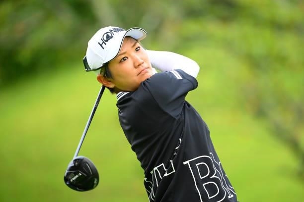 Misuzu Narita of Japan hits her tee shot on the 11th hole during the first round of Rakuten Super Ladies at Tokyu Grand Oak Golf Club on July 29,...