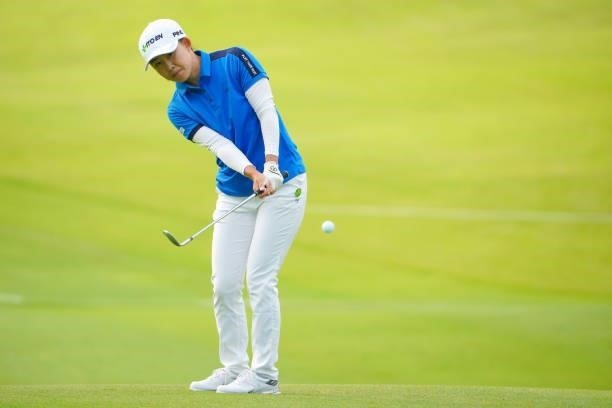Yoko Maeda of Japan makes a chip-in-birdie on the 1st green during the first round of Rakuten Super Ladies at Tokyu Grand Oak Golf Club on July 29,...