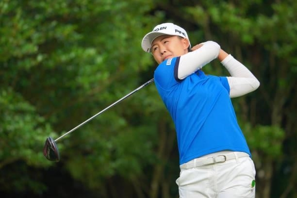 Yoko Maeda of Japan hits her tee shot on the 2nd hole during the first round of Rakuten Super Ladies at Tokyu Grand Oak Golf Club on July 29, 2021 in...